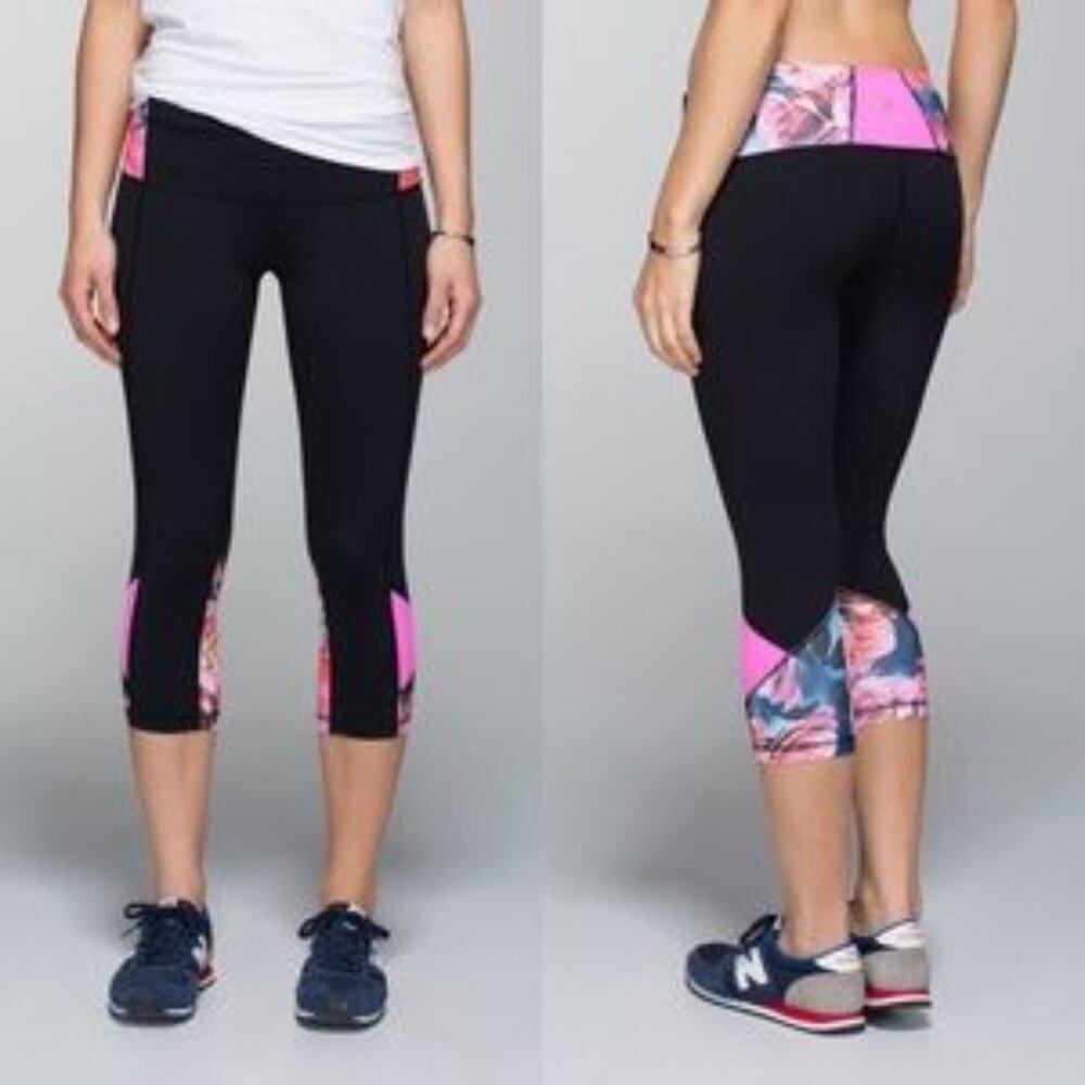 Lululemon Embody Crop *Full On Luon In Black Secret Garden Pow Pink Light Size 4